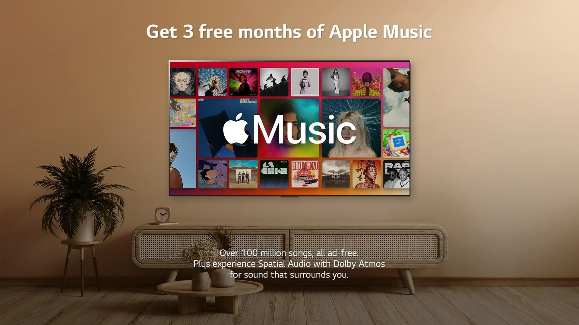 LG smart TV on a brown wall, with the tagline advertising 3 months of free Apple Music