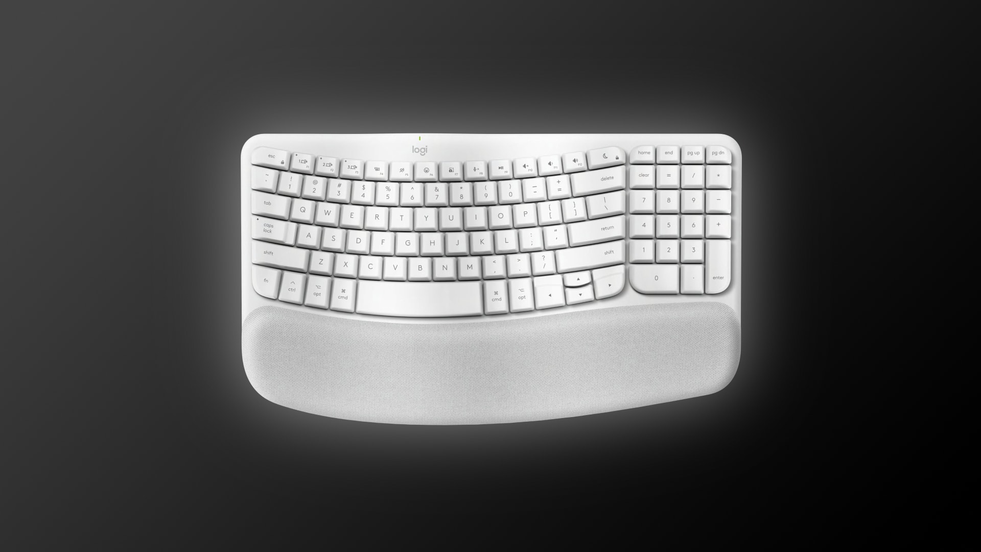 Logitech's ergonomic Mac keyboard, set against a dark gradient background
