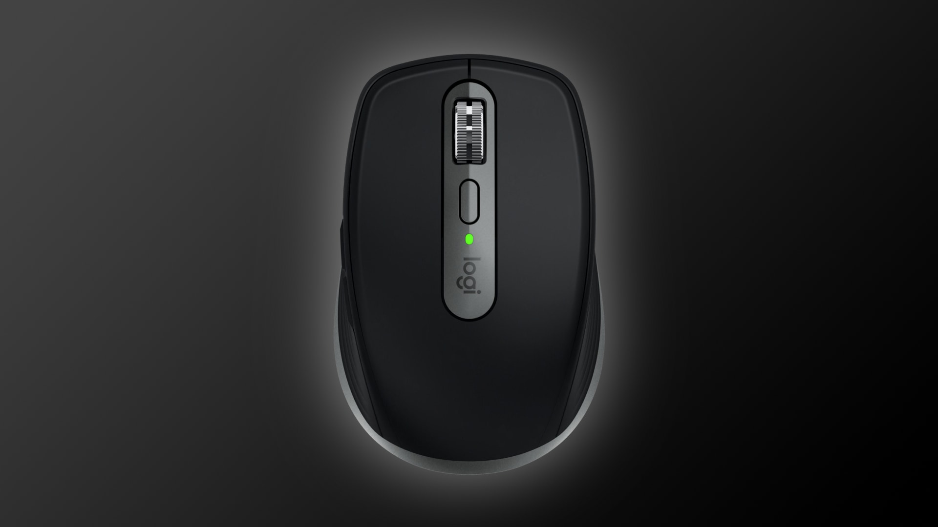 The top side of Logitech's Mac mouse, set against a dark gradient background