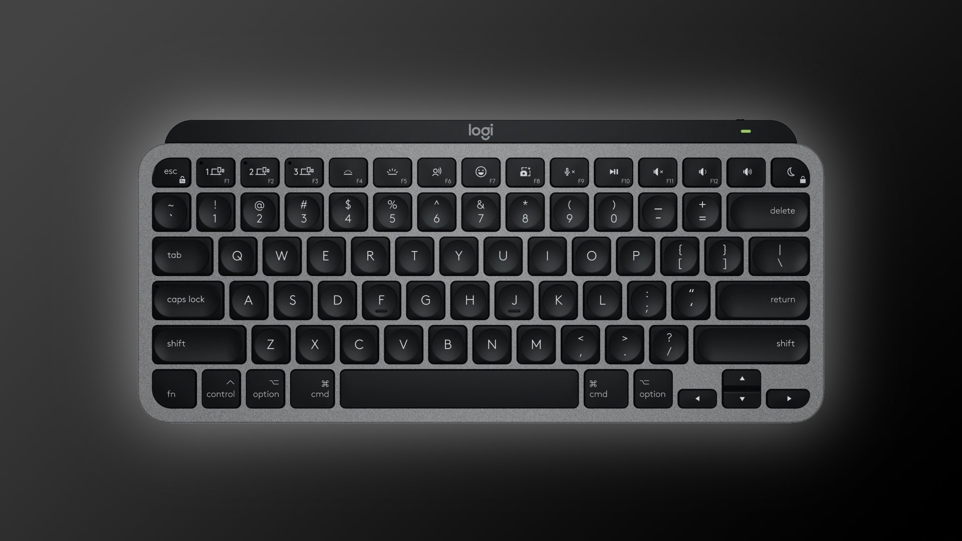 Logitech's compact Mac keyboard, set against a dark gradient background