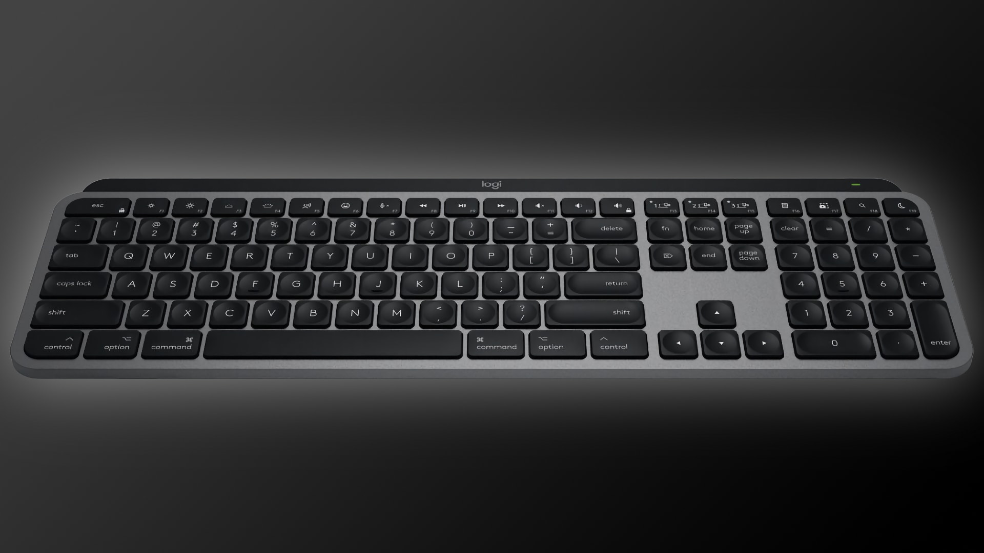 Logitech's full-size keyboard, set against a dark gradient background