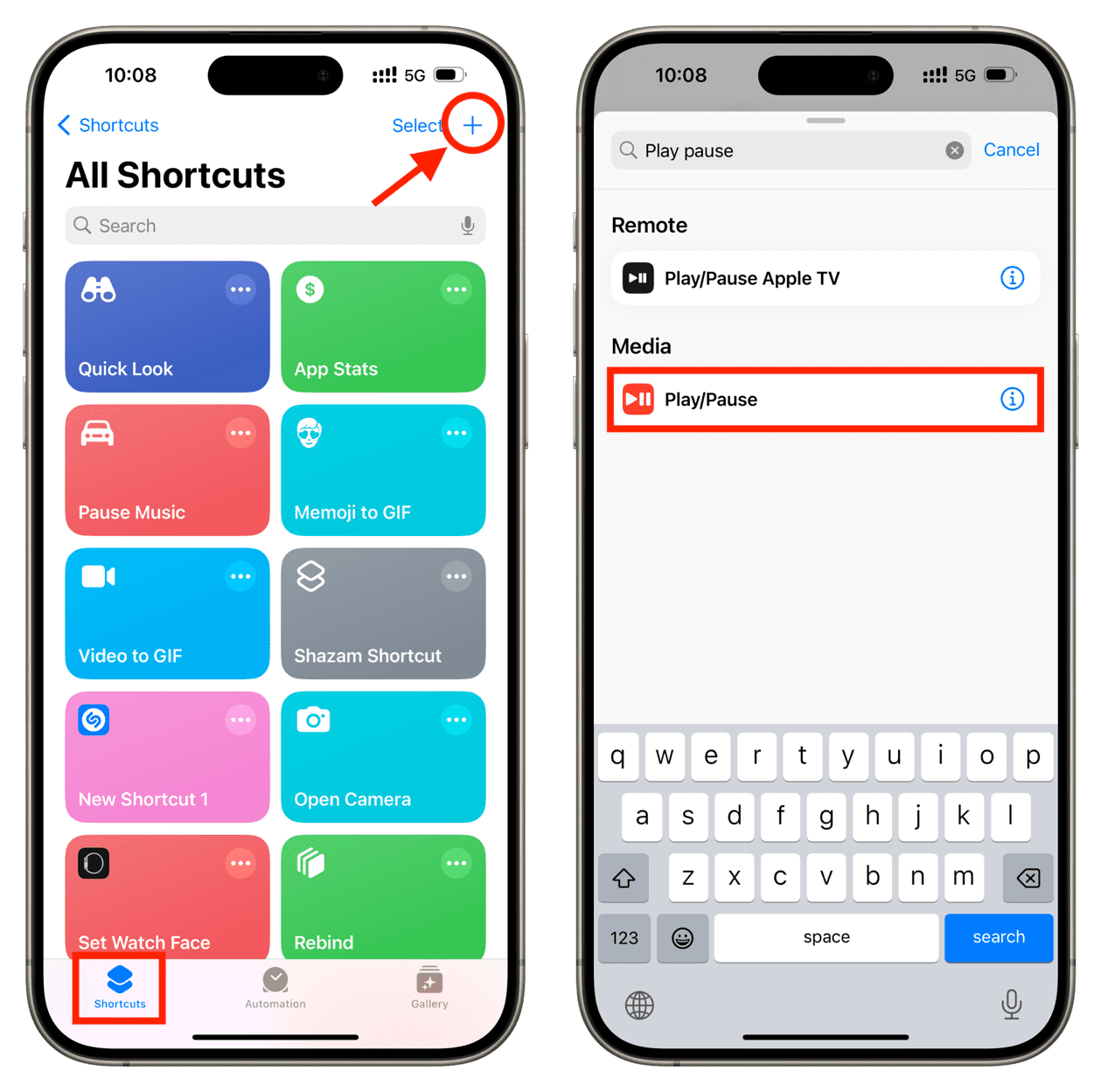 Play Pause action in iPhone Shortcuts app