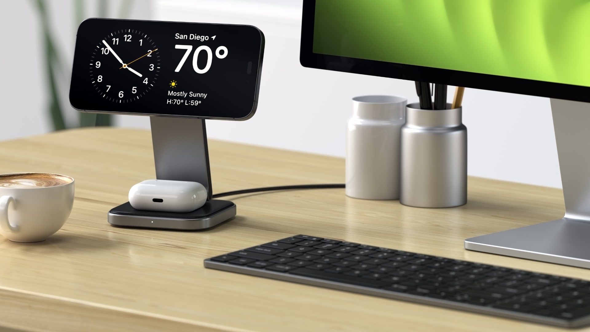 iPhone and AirPods charging on Satechi's stand