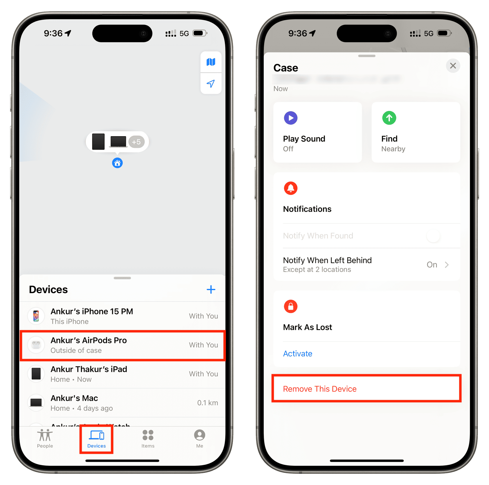 Select AirPods in Find My app and tap Remove This Device