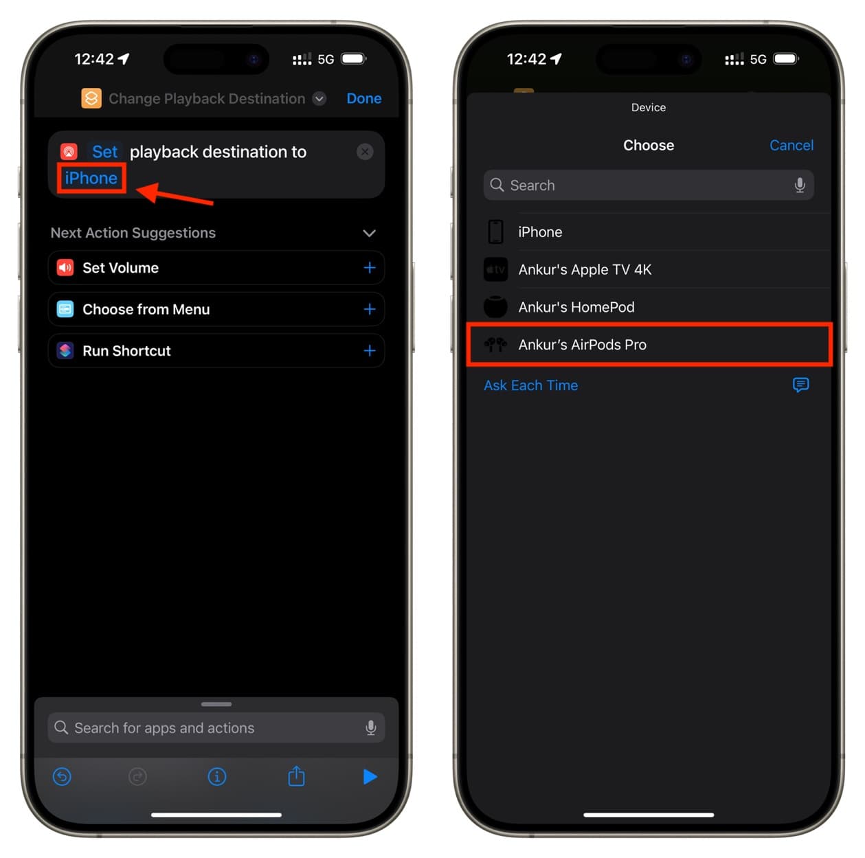Set iPhone playback destination to AirPods in iOS Siri Shortcut