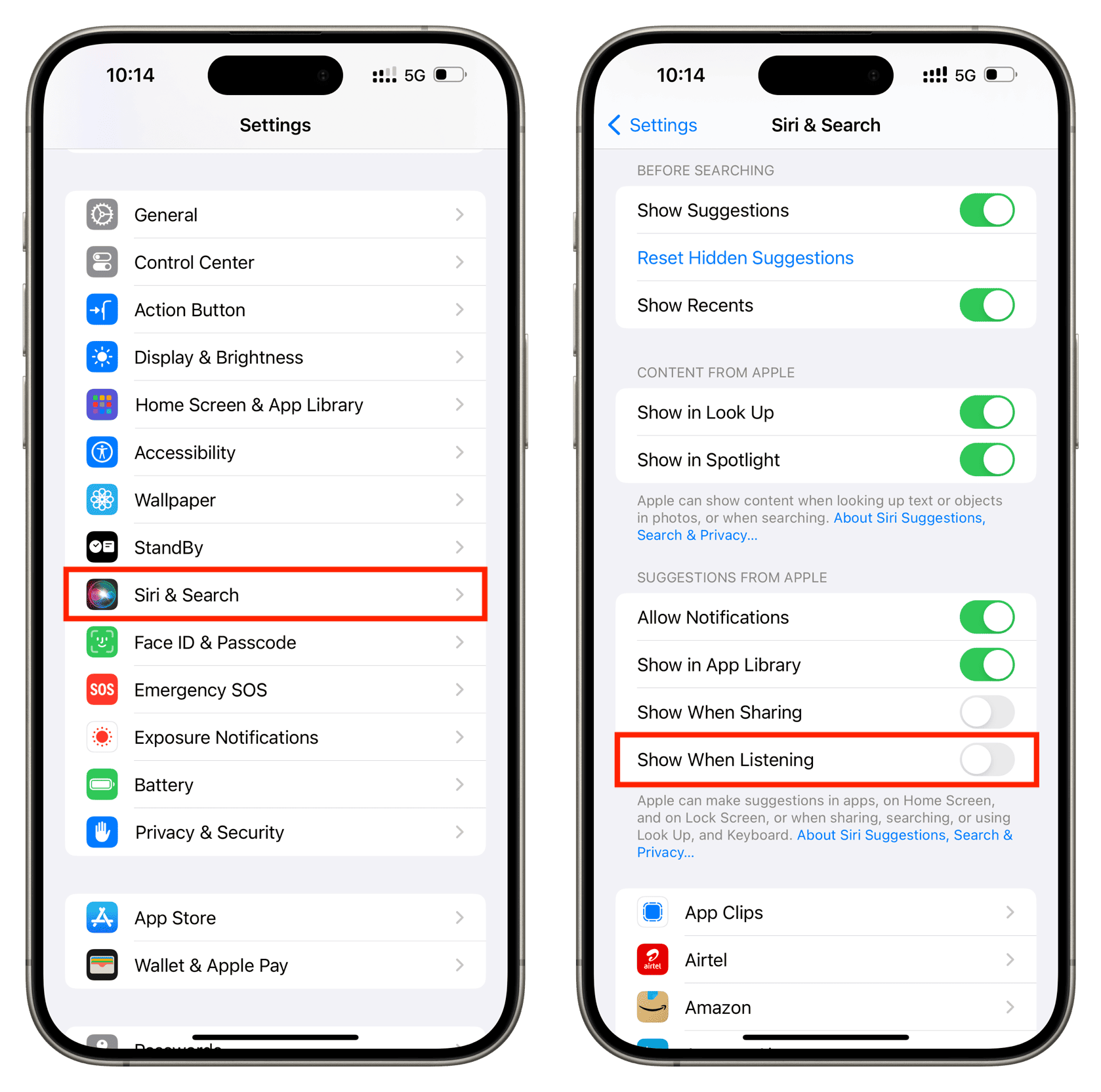 Turn off Show When Listening in Siri settings on iPhone to stop music suggestions on Lock Screen