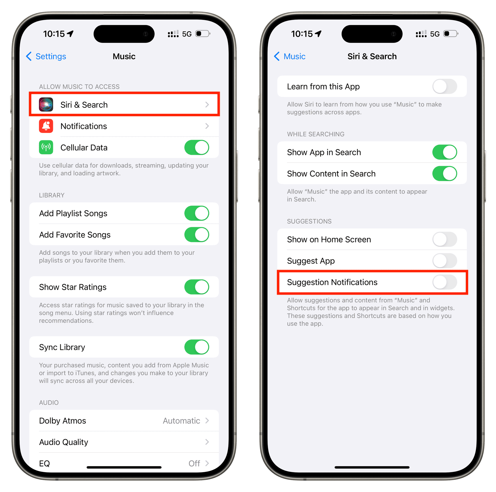 Turn off Siri suggestions for Music app on iPhone