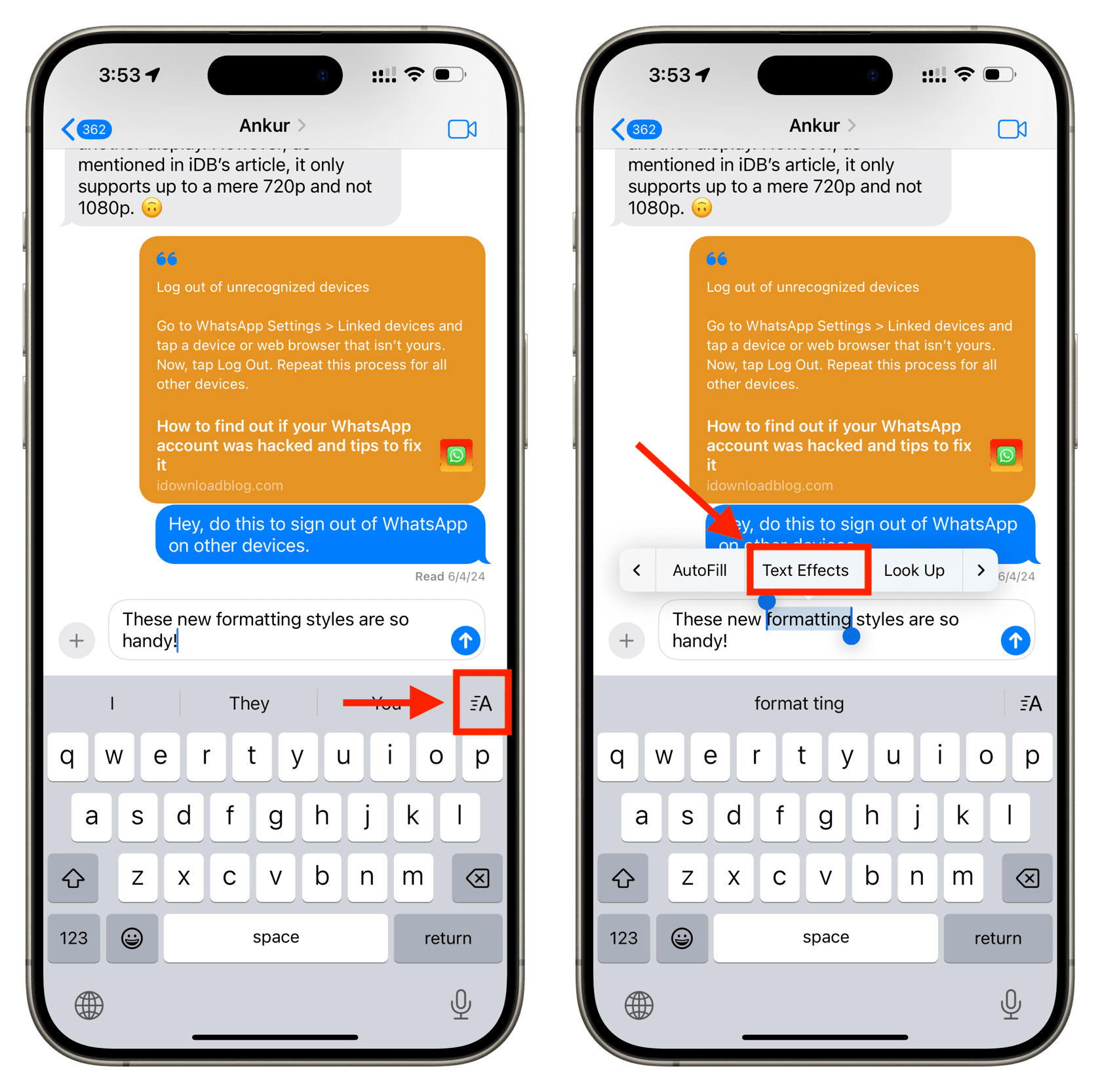 Add Text Effects to message in iOS 18 Messages app