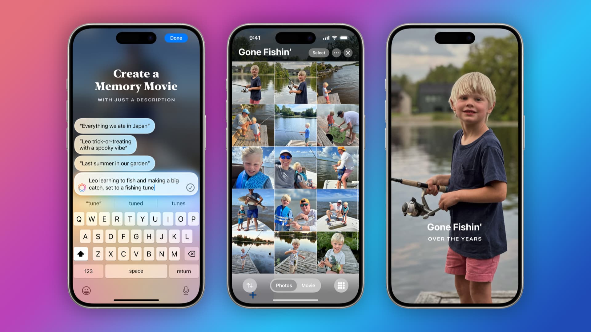 Three iPhone screenshots showcasing iOS 18's ability to create Photos memory movies from a Siri prompt