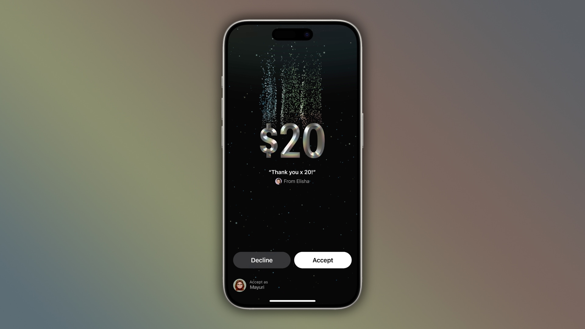 iPhone showcasing the new Tap to Cash feature in iOS 18, set against a colorful gradient background