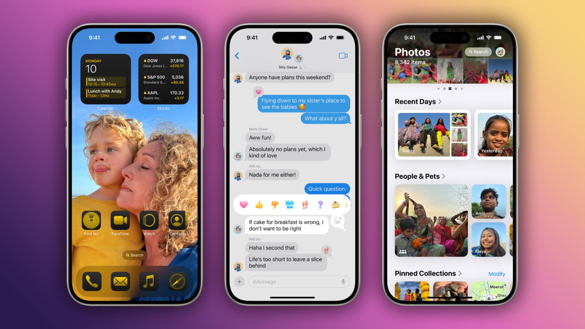 Three iPhone screenshots showcasing iOS 18's home screen and AI features in the Messages and Photos apps, set against a colorful gradient background