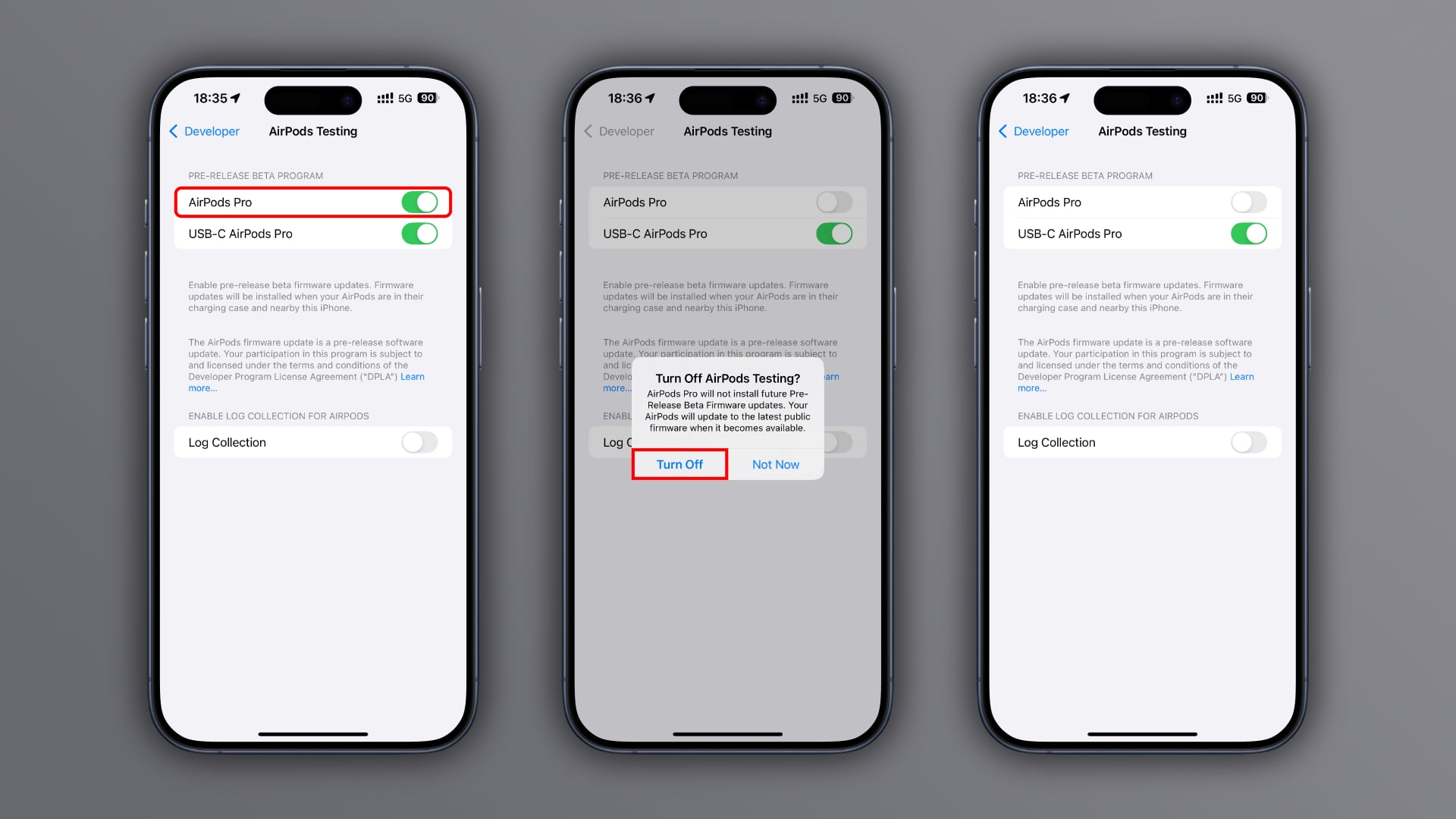 Three iPhone screenshots showing the steps to disable future AirPods beta firmware updates in the Developer section of the Settings app, set against a gray gradient background.