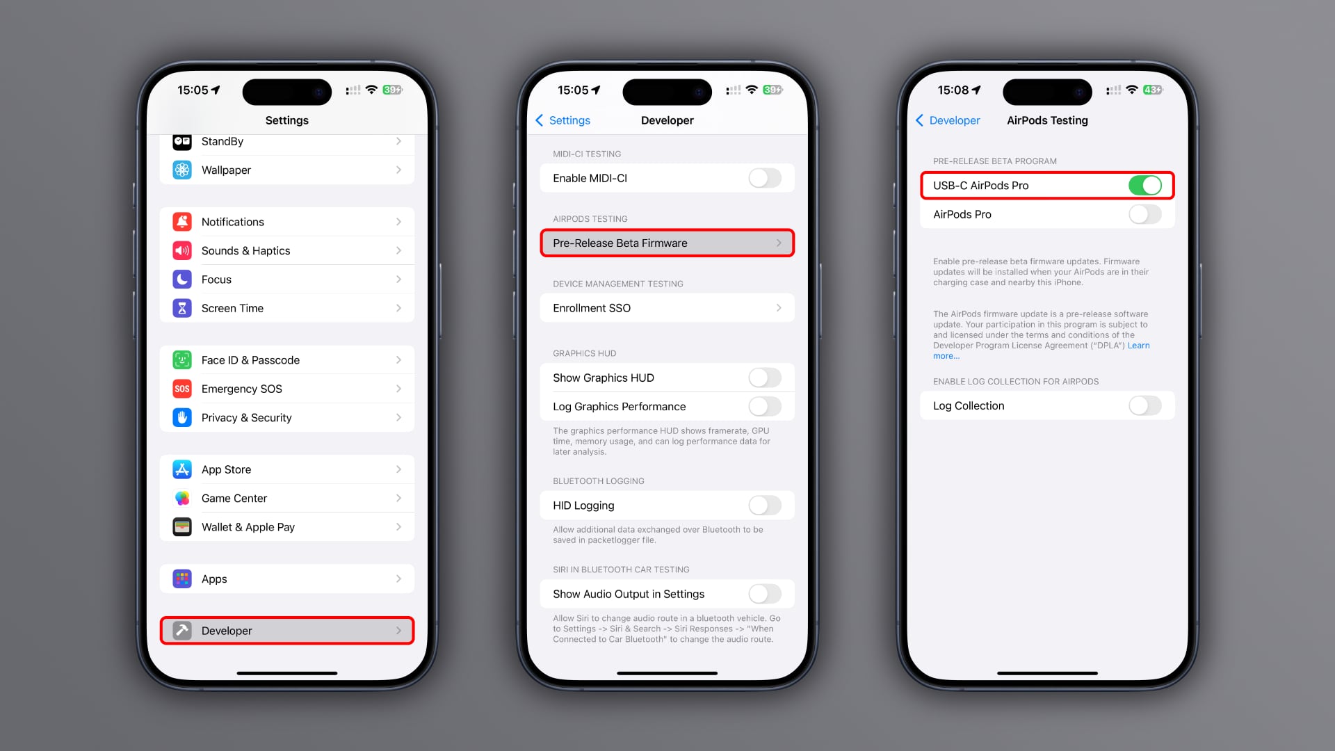 Selecting AirPods for beta firmware in the Developer menu of the iPhone's Settings app