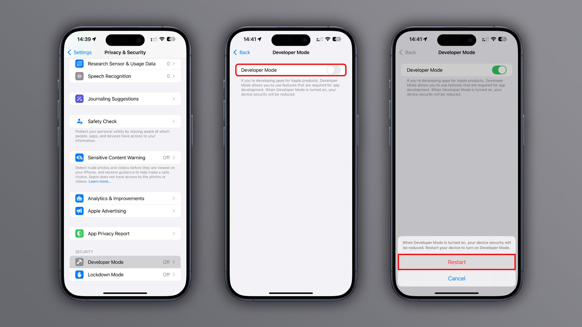 Three iPhone screenshots showcasing the steps to enable Developer Mode in the Settings app, set against a gray gradient background.