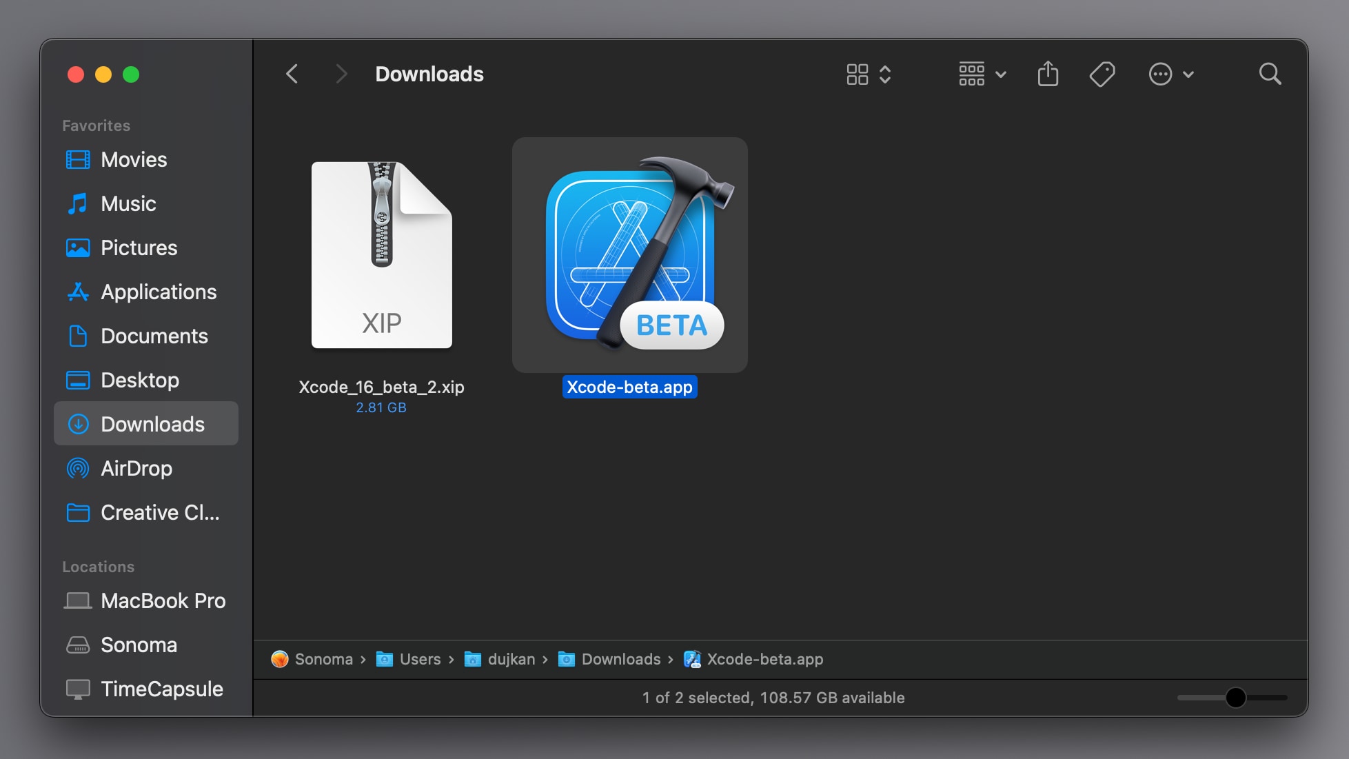 Xcode beta in the Finder on macOS
