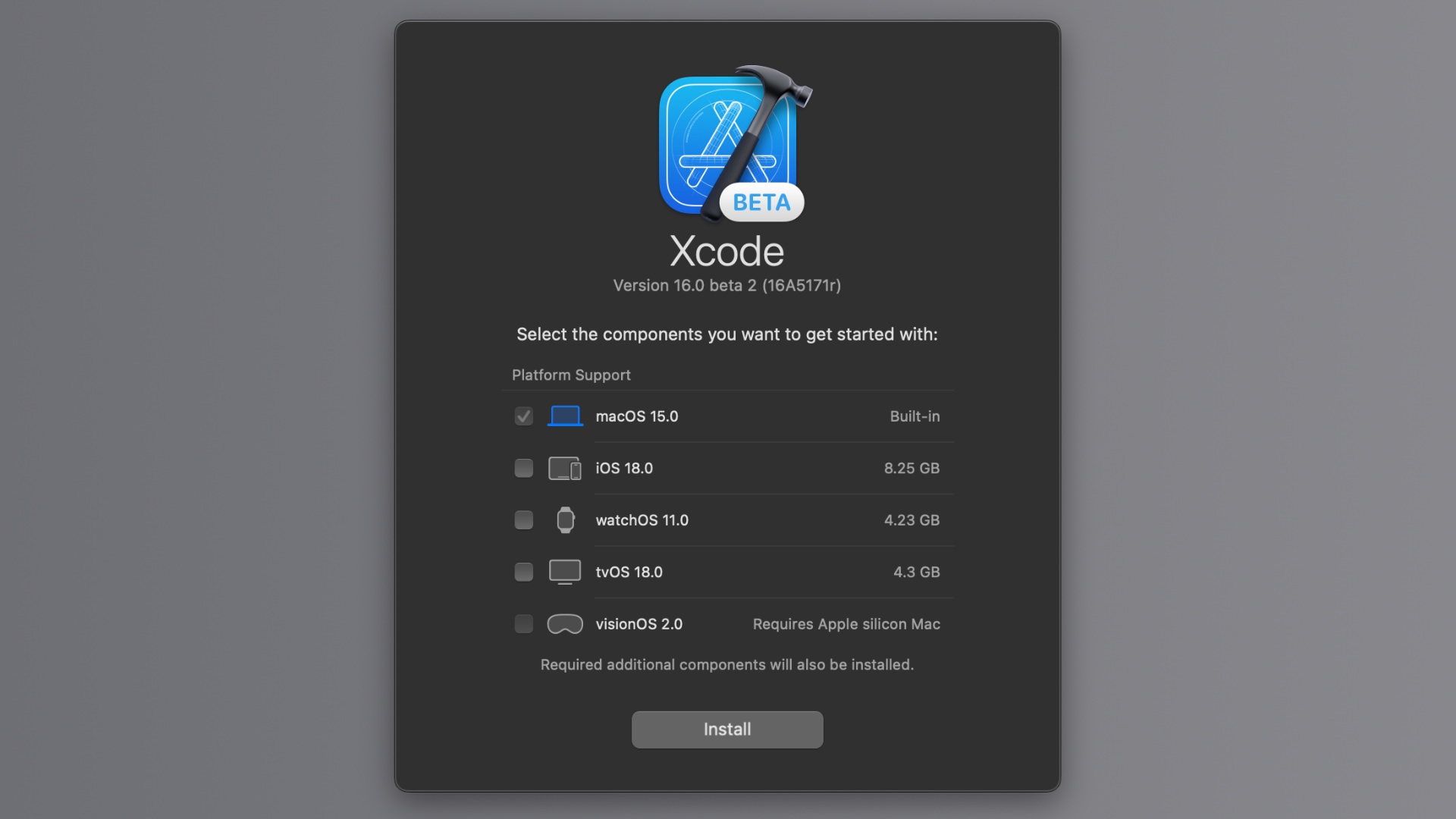 Xcode for Mac prompting the user to choose additional components to install