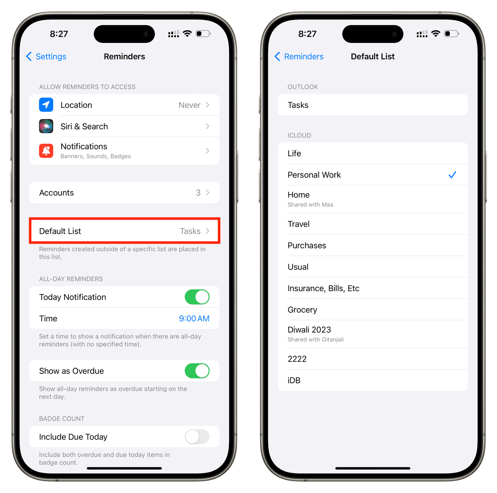 Change default reminders list to one from iCloud on iPhone