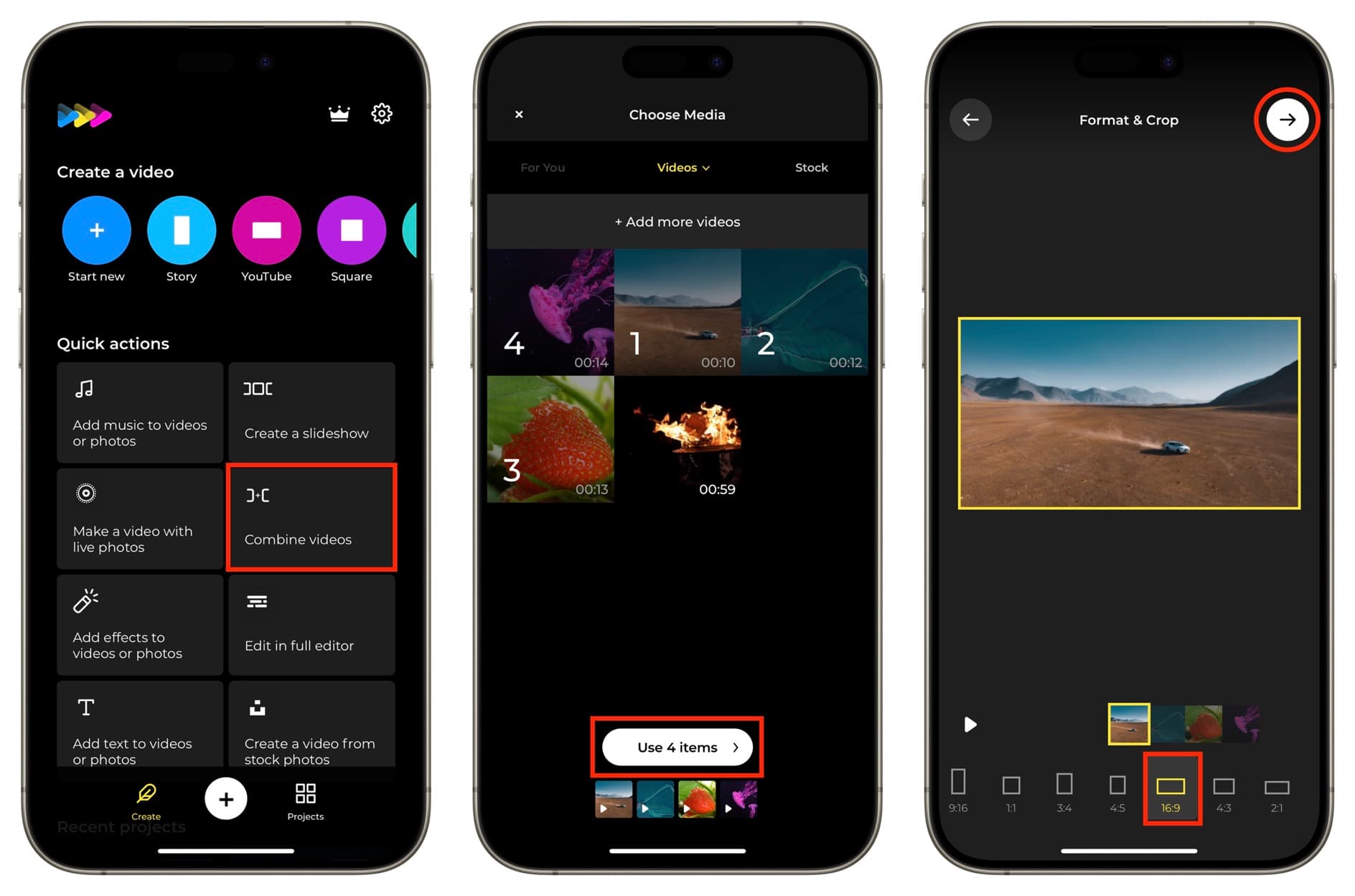 Combine videos option in StoryWave app on iPhone