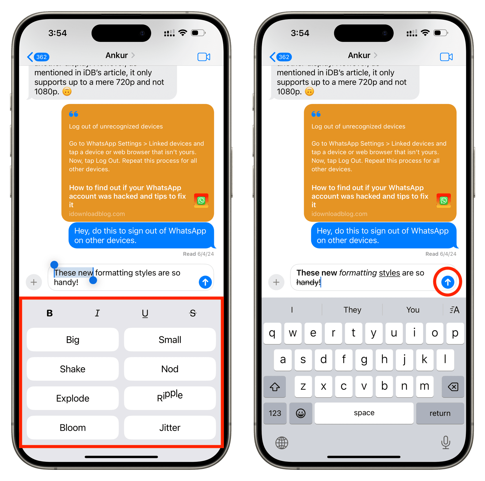 Formatting text with bold italics and other effects in iPhone Messages app