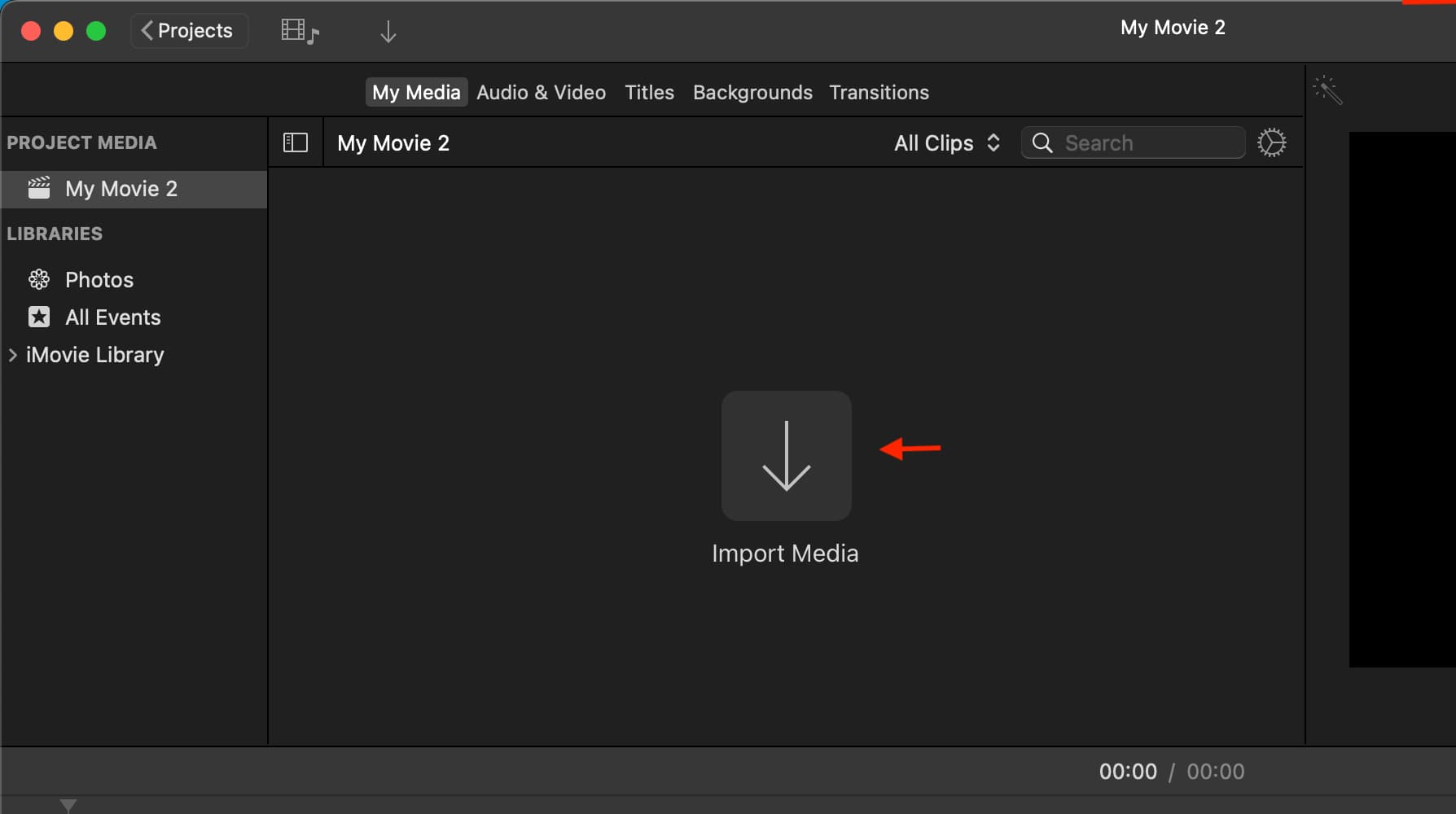 Import Media button in iMovie on Mac