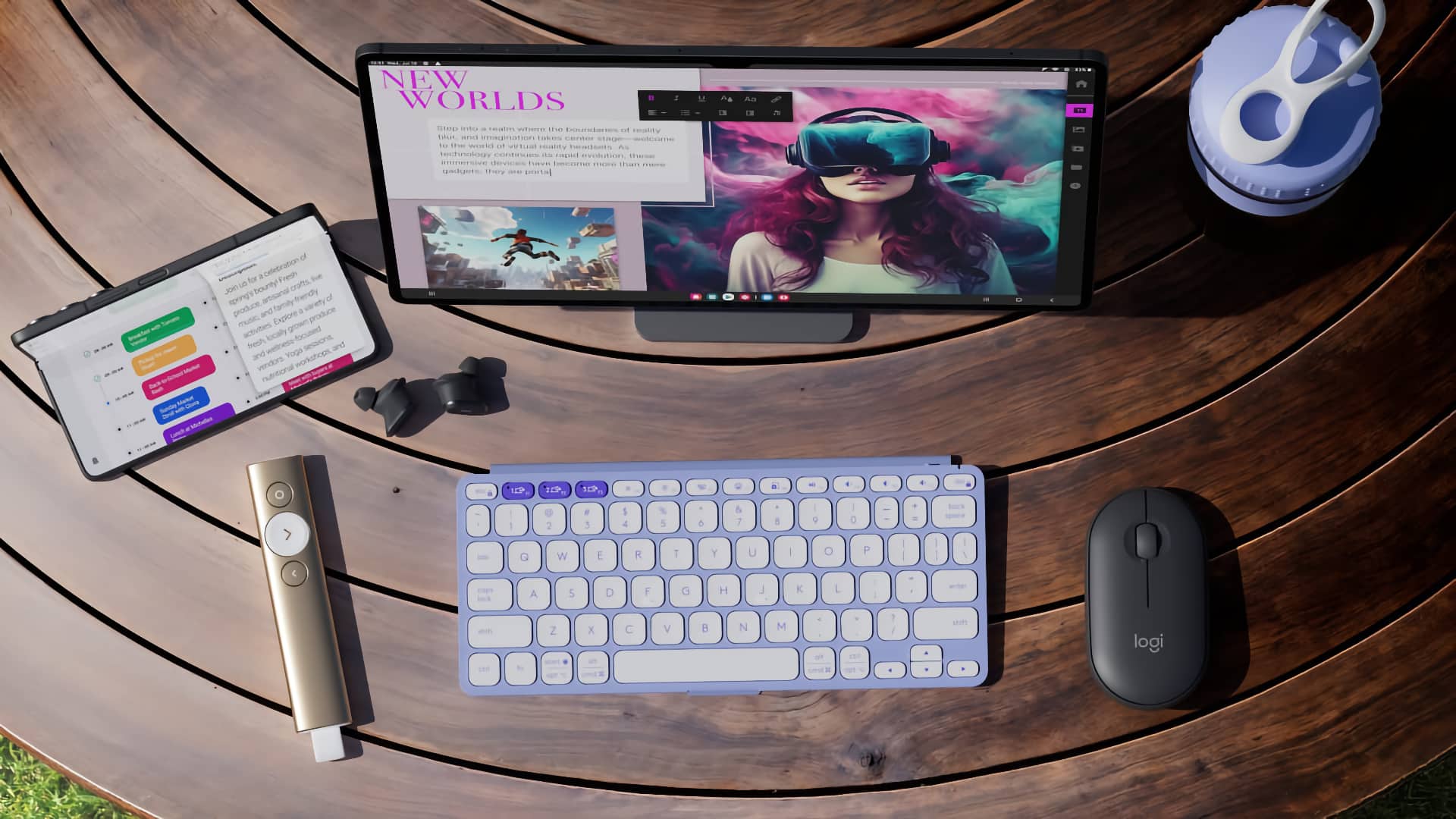 Top down view of a Logitech keyboard, an iPad Pro on a stand and a mouse on a wooden dsk
