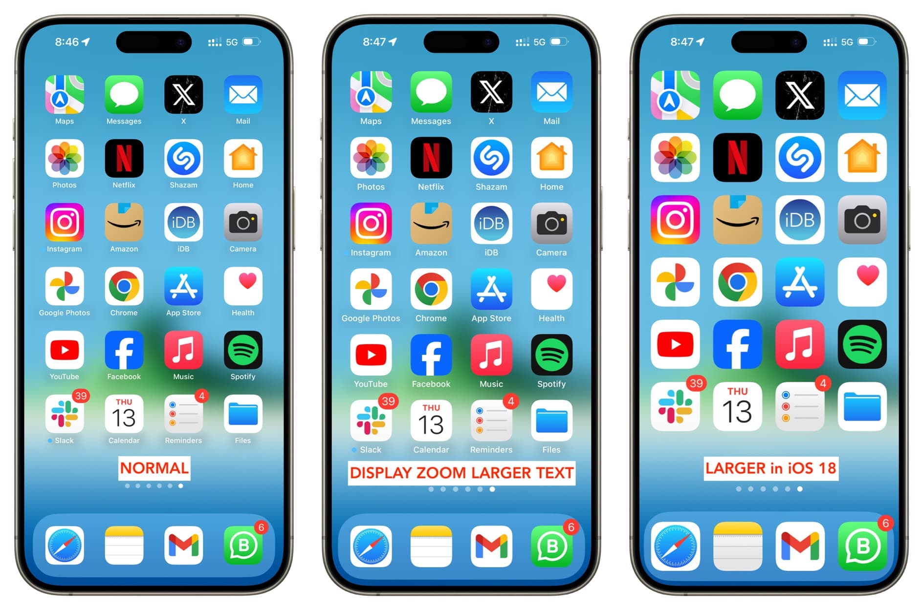 Normal, Display Zoom, and Larger iOS 18 app icons on iPhone