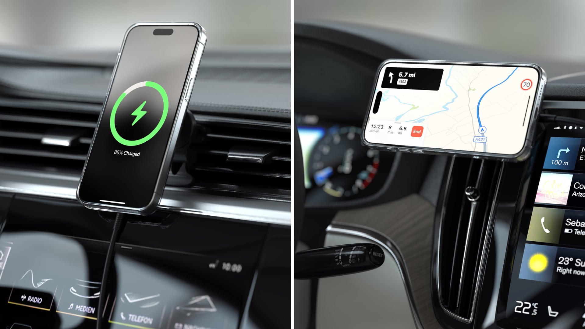 Side by side photos of Satechi's Qi2 car charger with an iPhone charging in portrait and landscape orientation