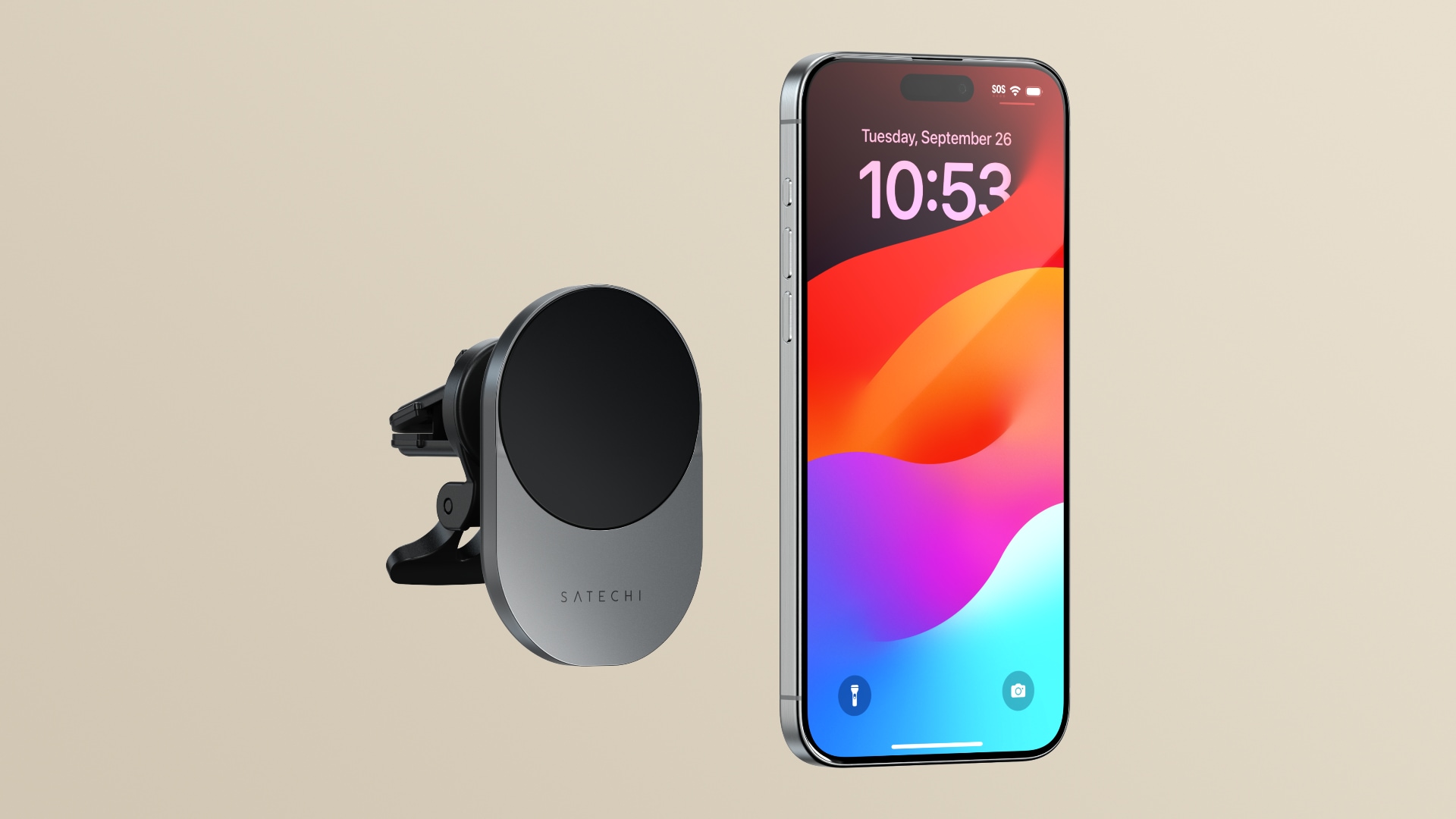 iPhone and Satechi's Qi2 wireless car charger in perspective, set against a creamy color gradient background