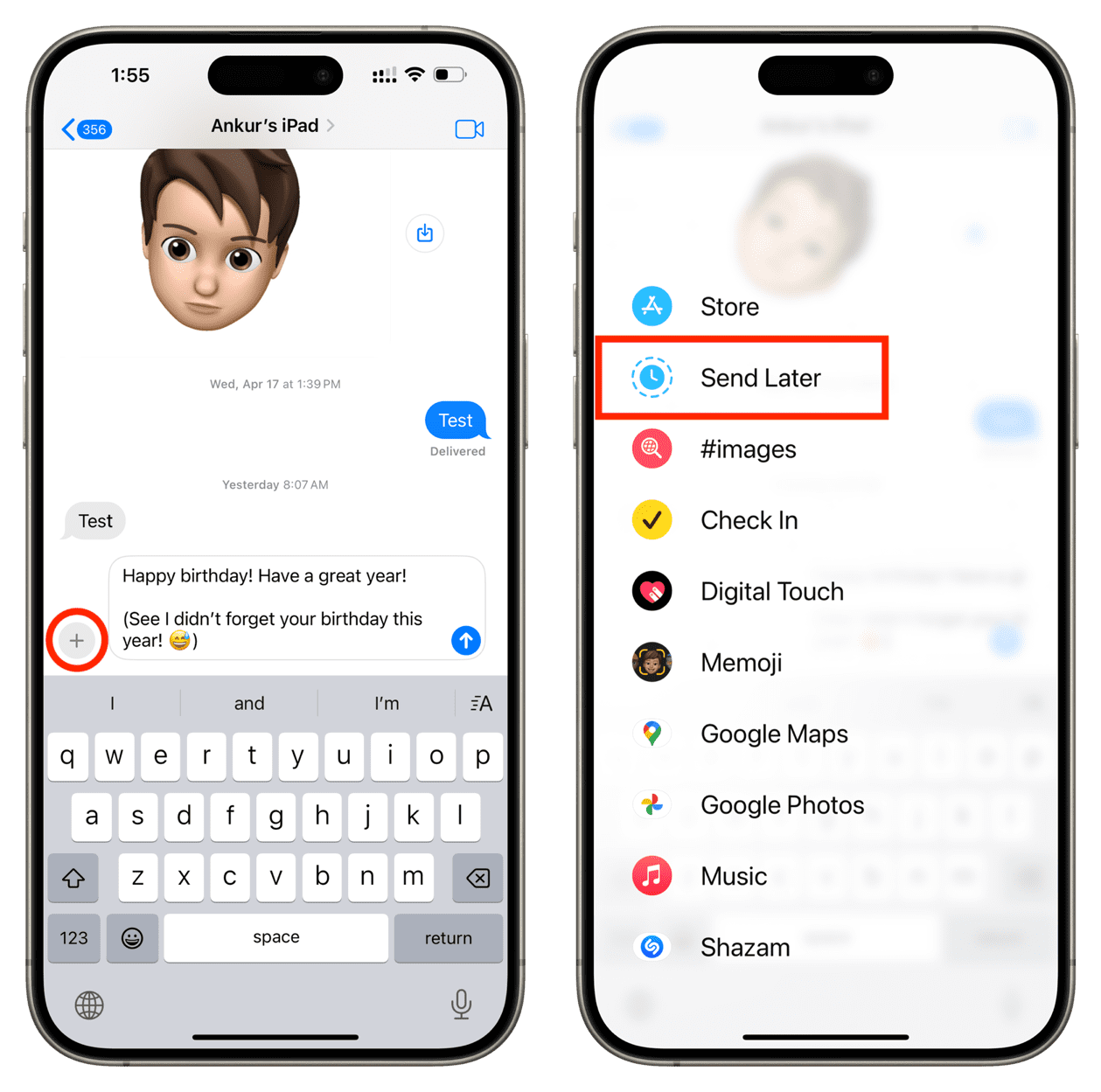 Send Later option in Messages app on iOS 18