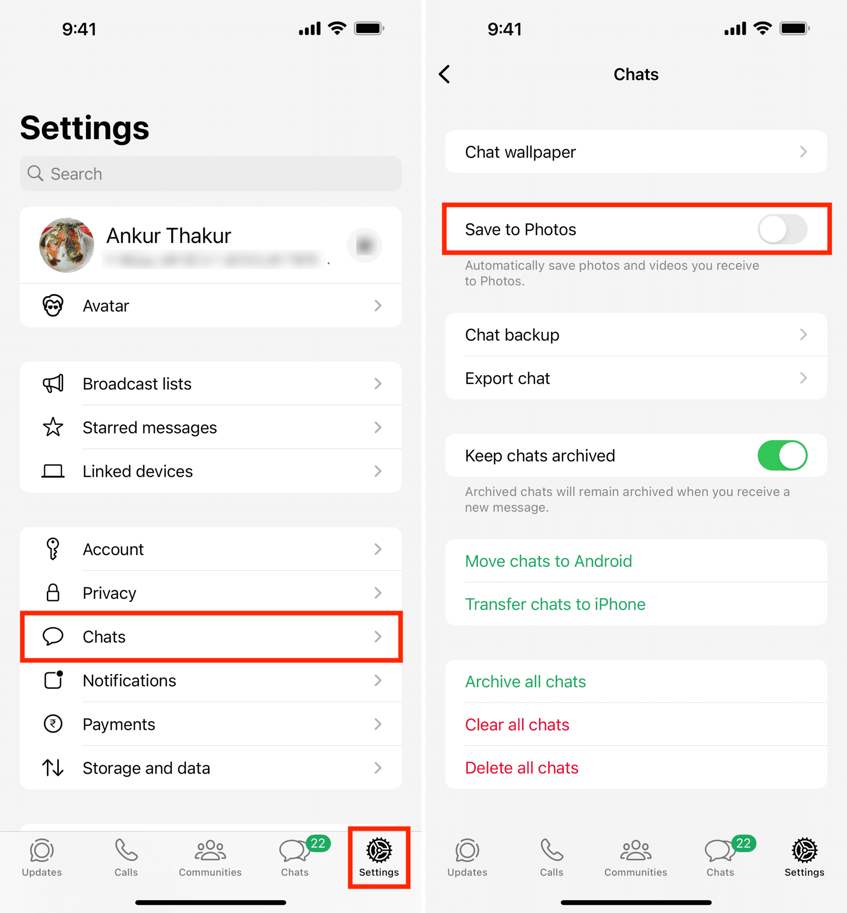 Turn off Save to Photos in WhatsApp Settings