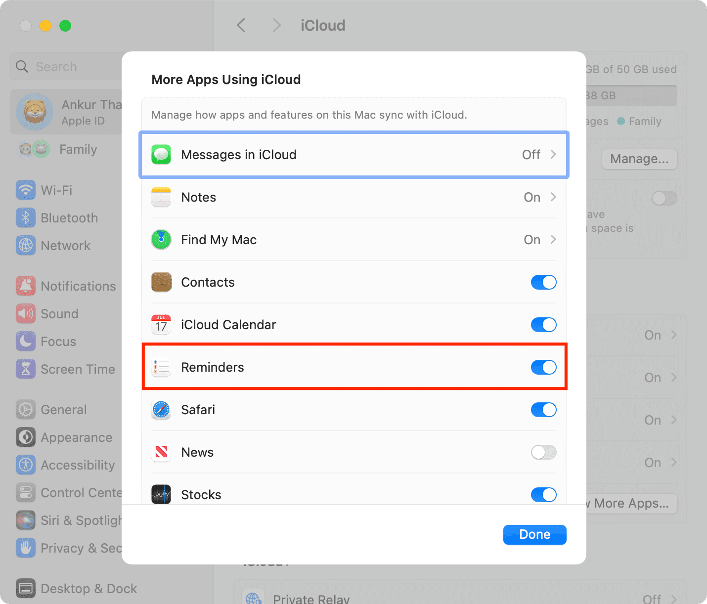 iCloud Reminders settings on Mac