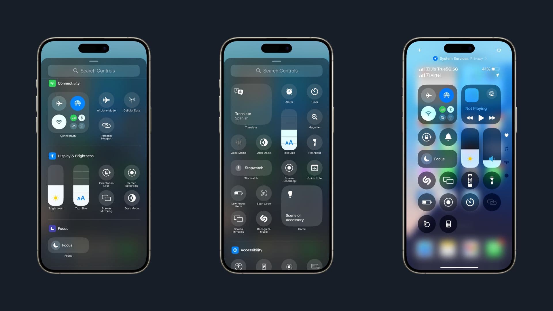 iOS 18 Control Center toggles.