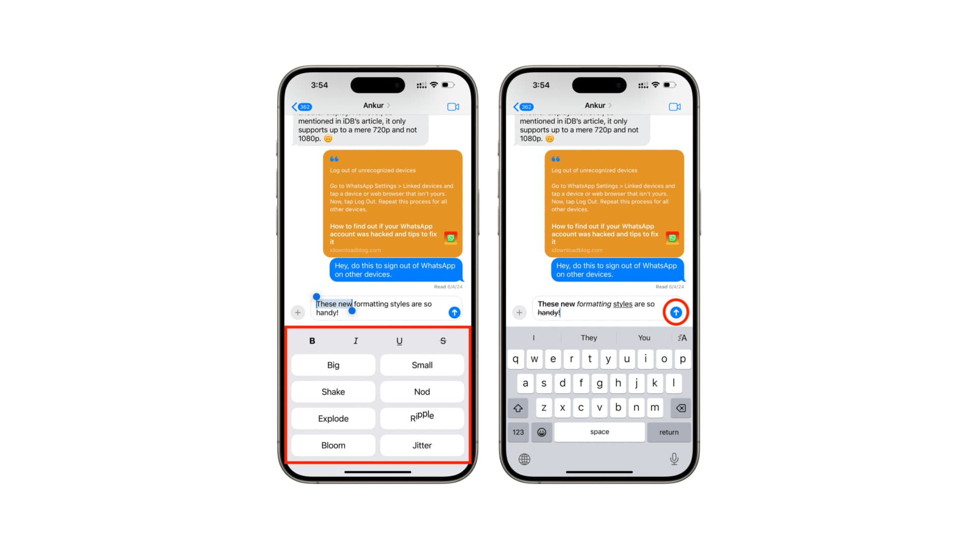 Messages app in iOS 18 enables text formatting.