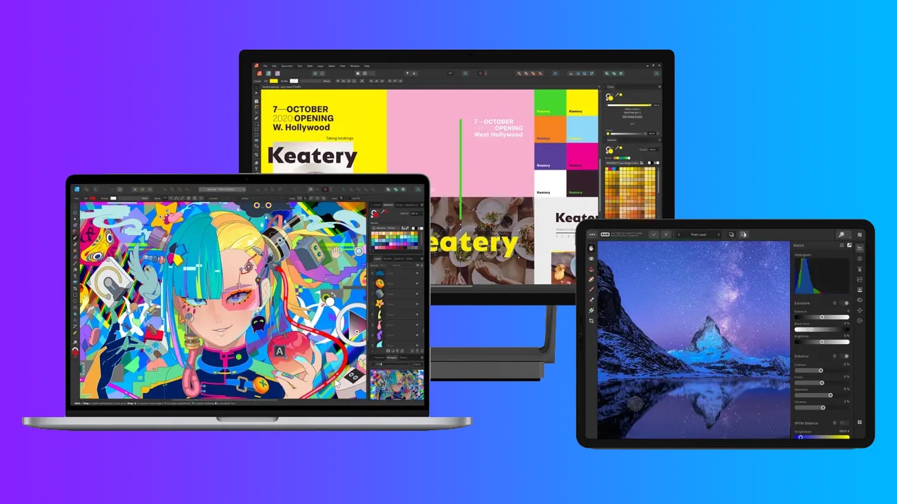 MAcBook, iPad and a Windows PC running the Affinity Designer, Publisher and Photo apps, set against a colorful gradient background