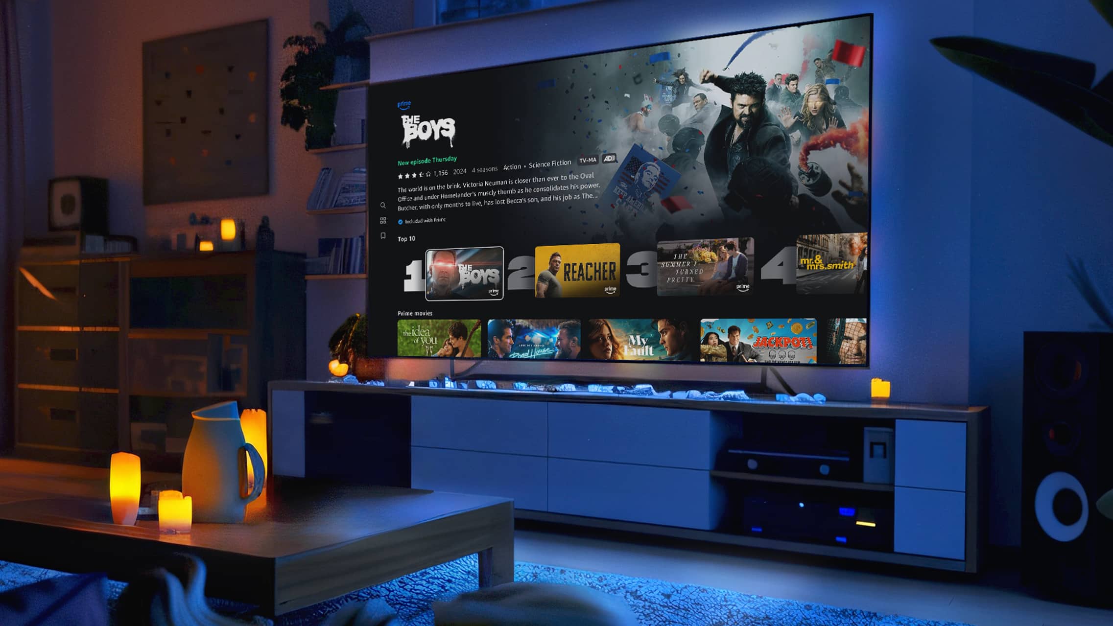 A living room home theater with Amazon Prime Video charts displayed on a huge TV set.