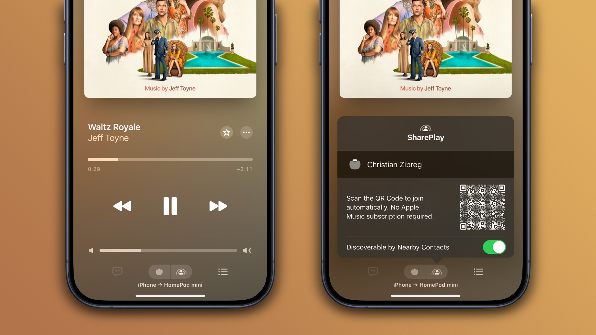 Two framed iPhone screenshots of the Music app showing the Now Playing screen along with a scannable SharePlay QR code for control playback on a HomePod speaker.