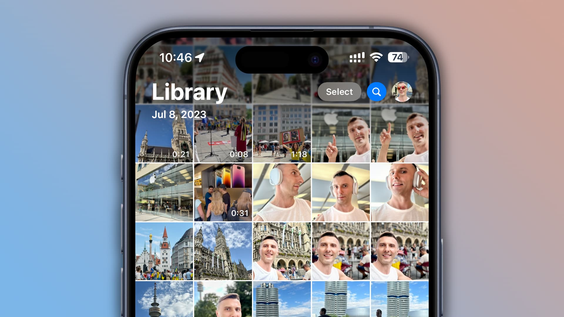 The Photos app on iPhone displaying the camera roll