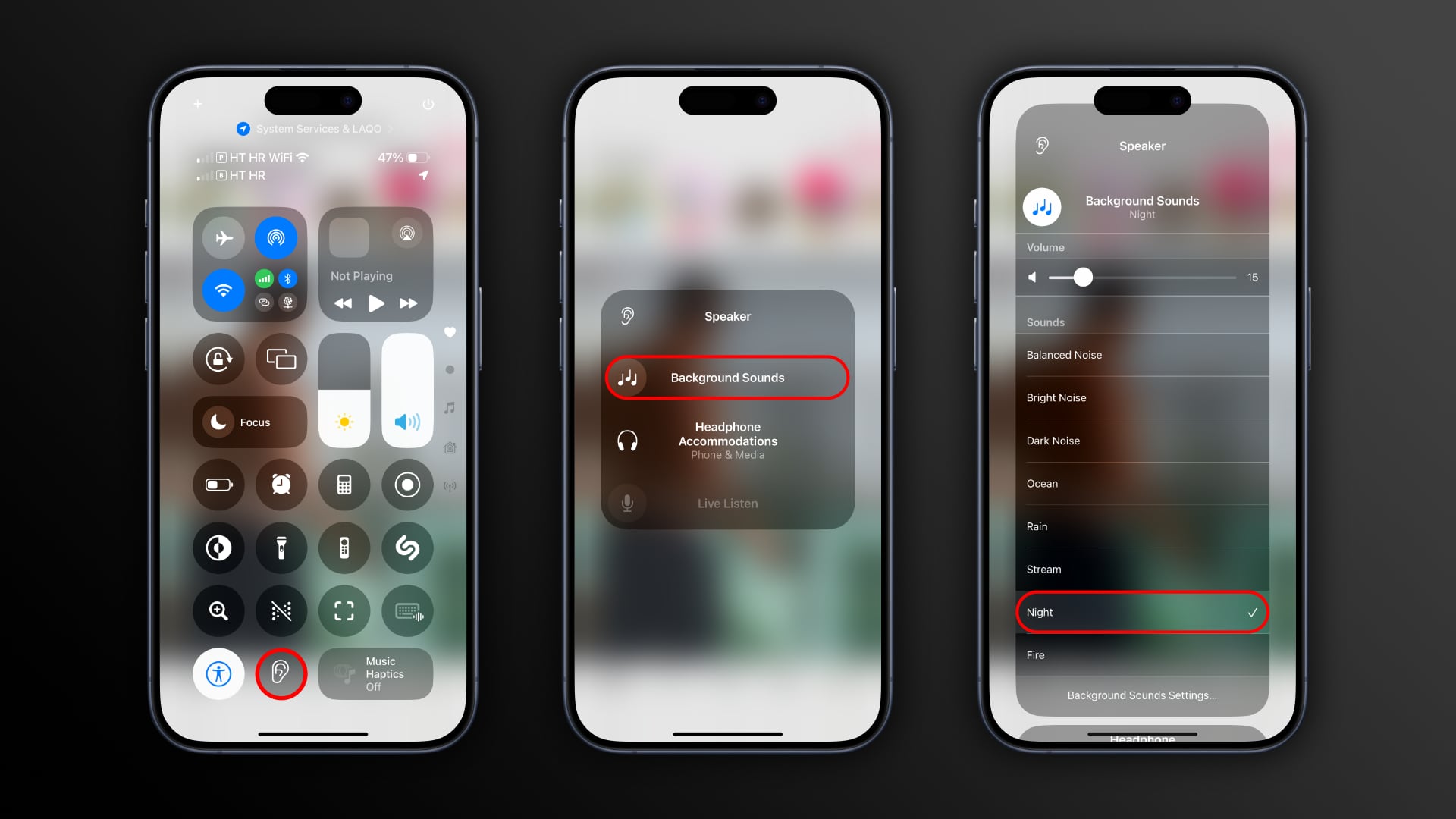 Three framed iPhone screenshots with annotations showing how to use the Hearing option in the Control Center to enable the Background Sounds feature and choose an ambient sound to play.