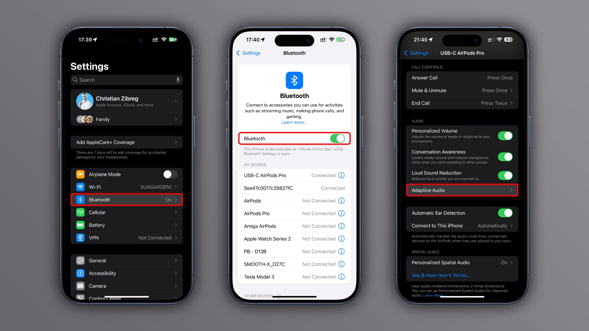 Three annotated and framed iPhone screenshots showing the steps to get to the AirPods section in the Settings app, set a against a light gray gradient background.