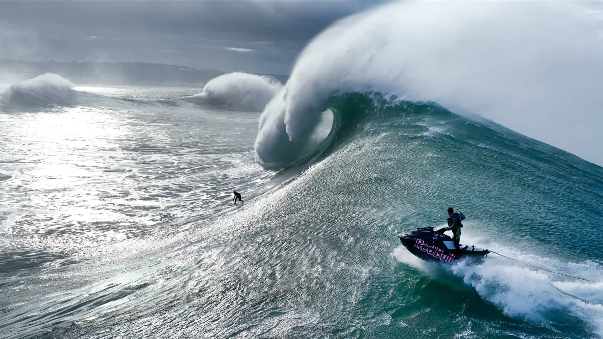 Marketing image promoting the Big Wave Surfing sports series with Red Bull.