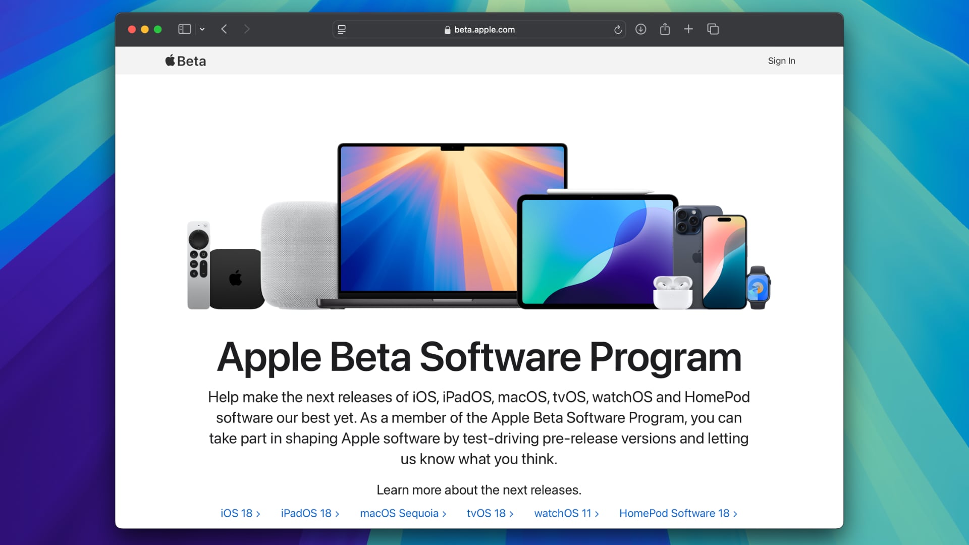 A screenshot of the Apple Beta Software Program website.