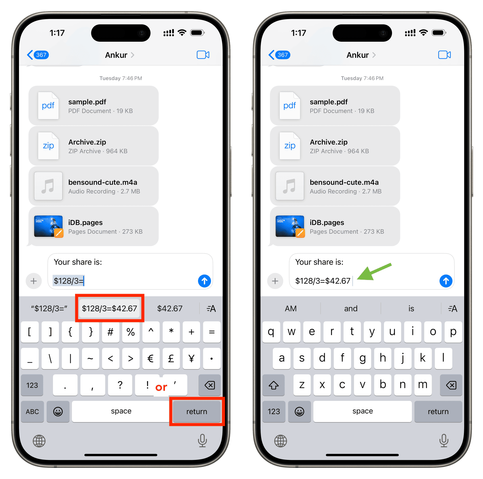 Calculating math equation in Messages app on iOS 18