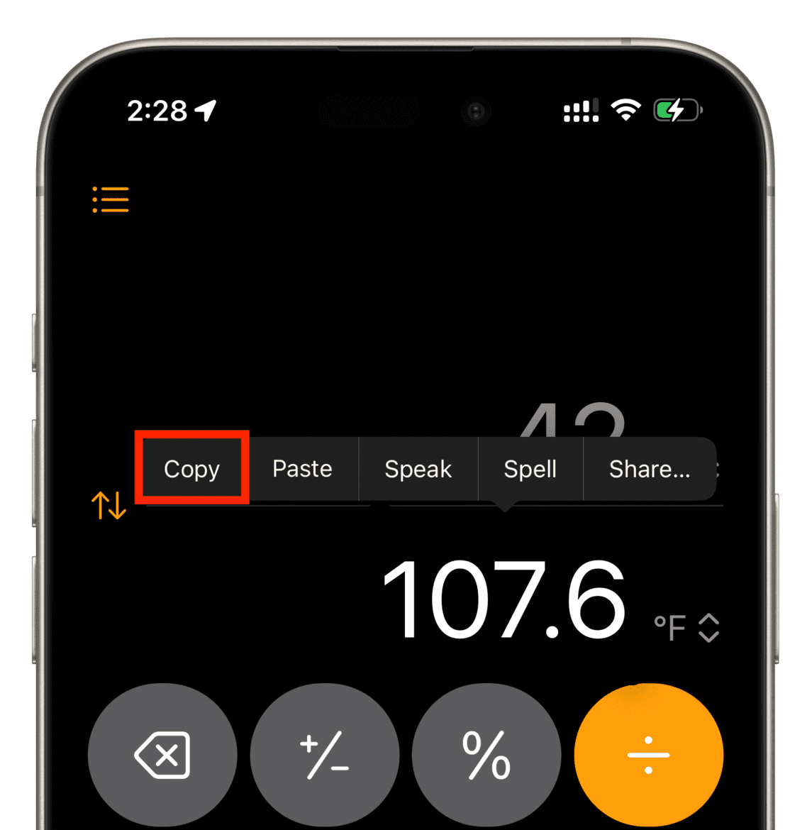 Copy in iPhone Calculator app