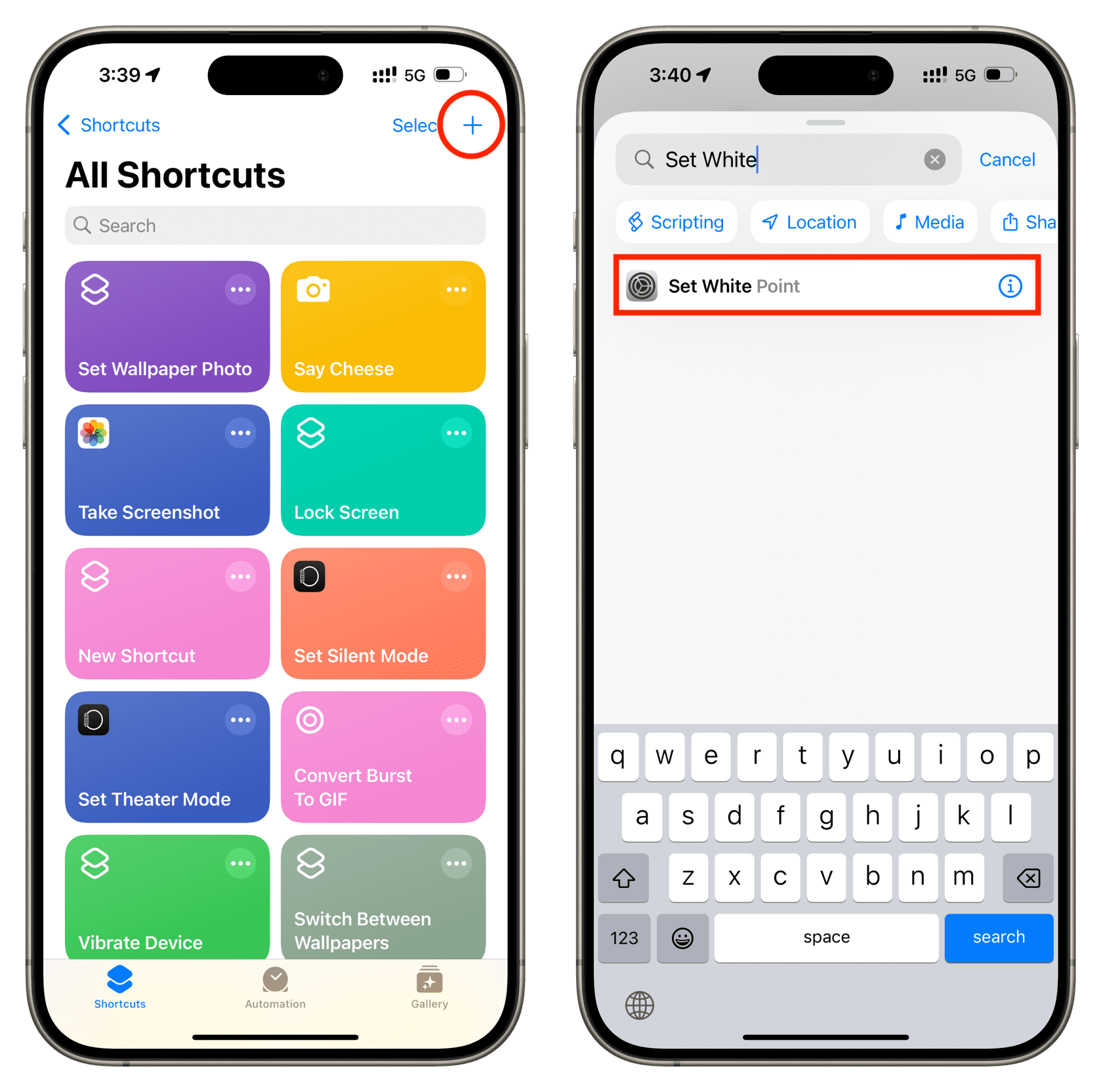 Create shortcut and add Set White Point action