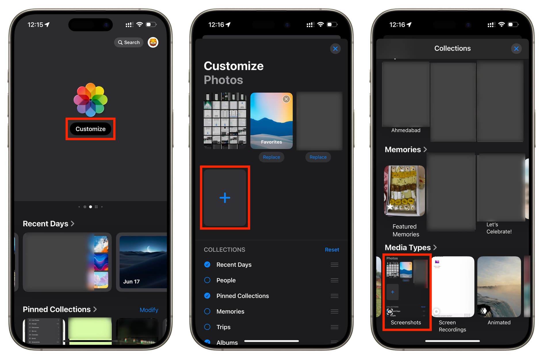 Customize iPhone Photos app to add Screenshots to top view