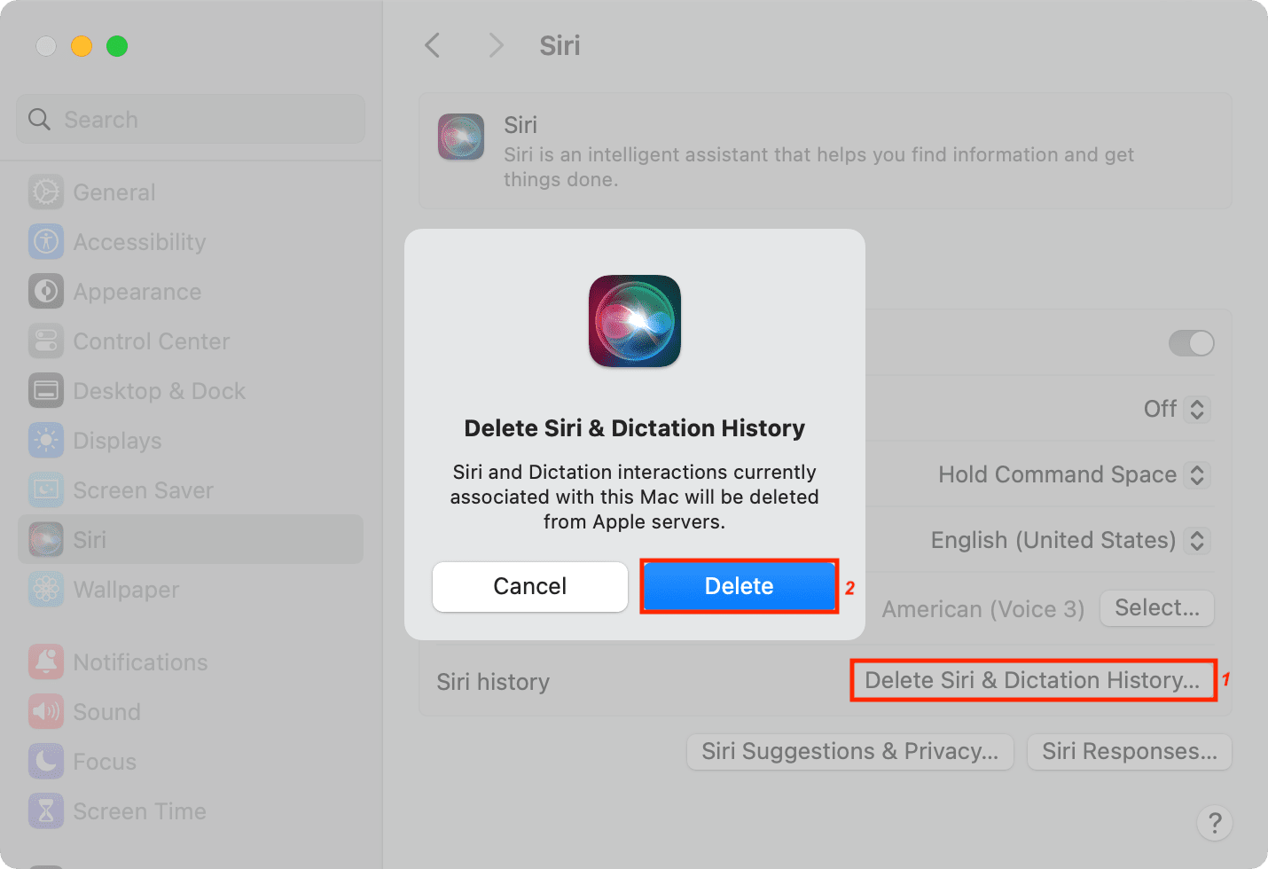 Delete Siri and Dictation History from Apple server on Mac
