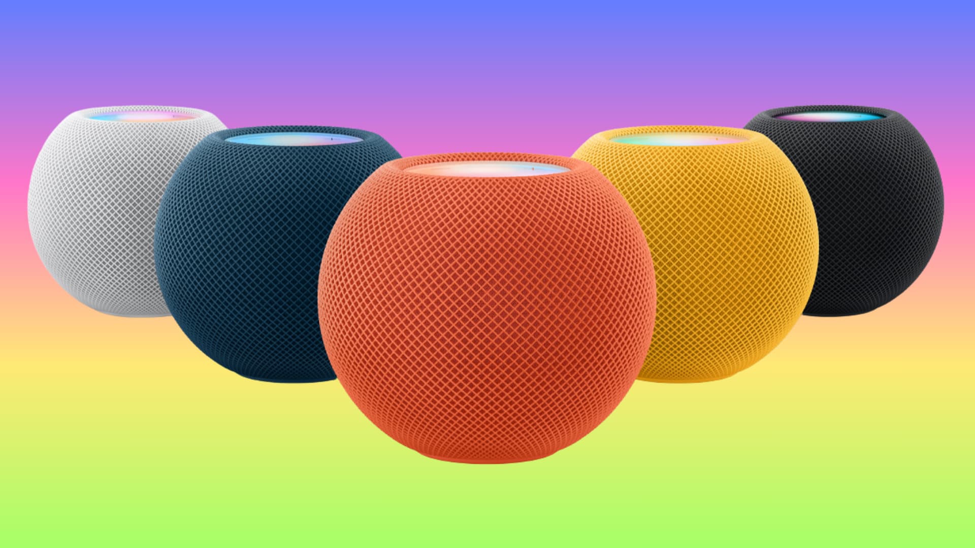 HomePod mini in white, blue, orange, yellow, and black colors