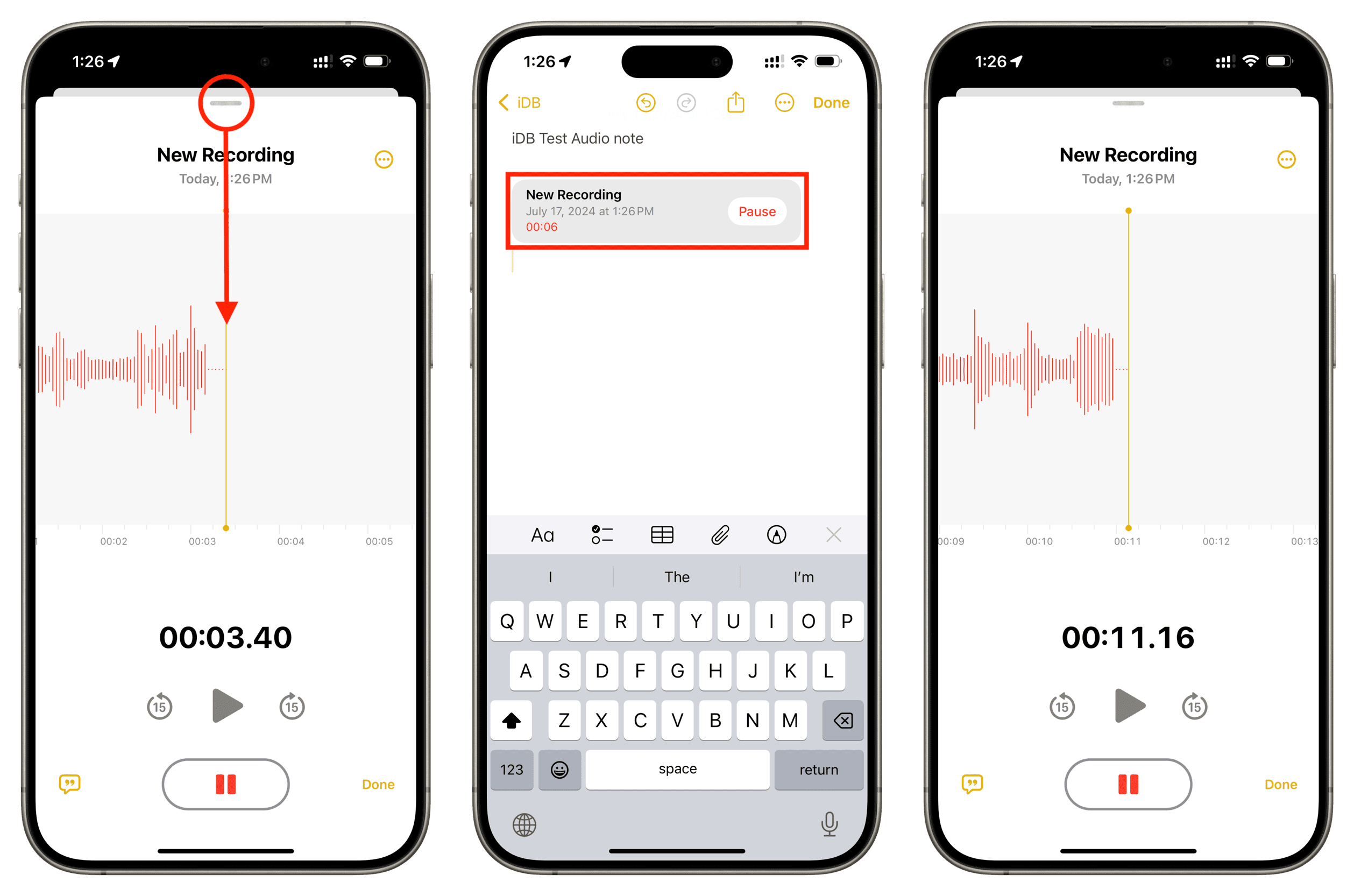 Minimize audio recording screen in Notes on iPhone