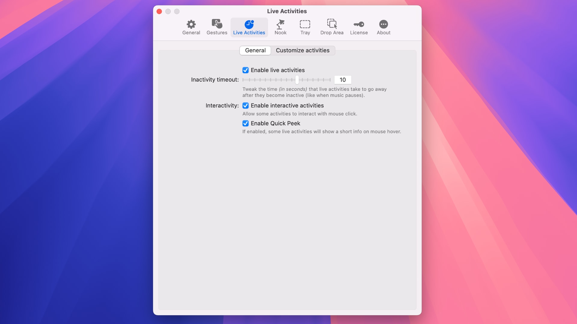 Customizing live activities in the NotchNook Mac app.