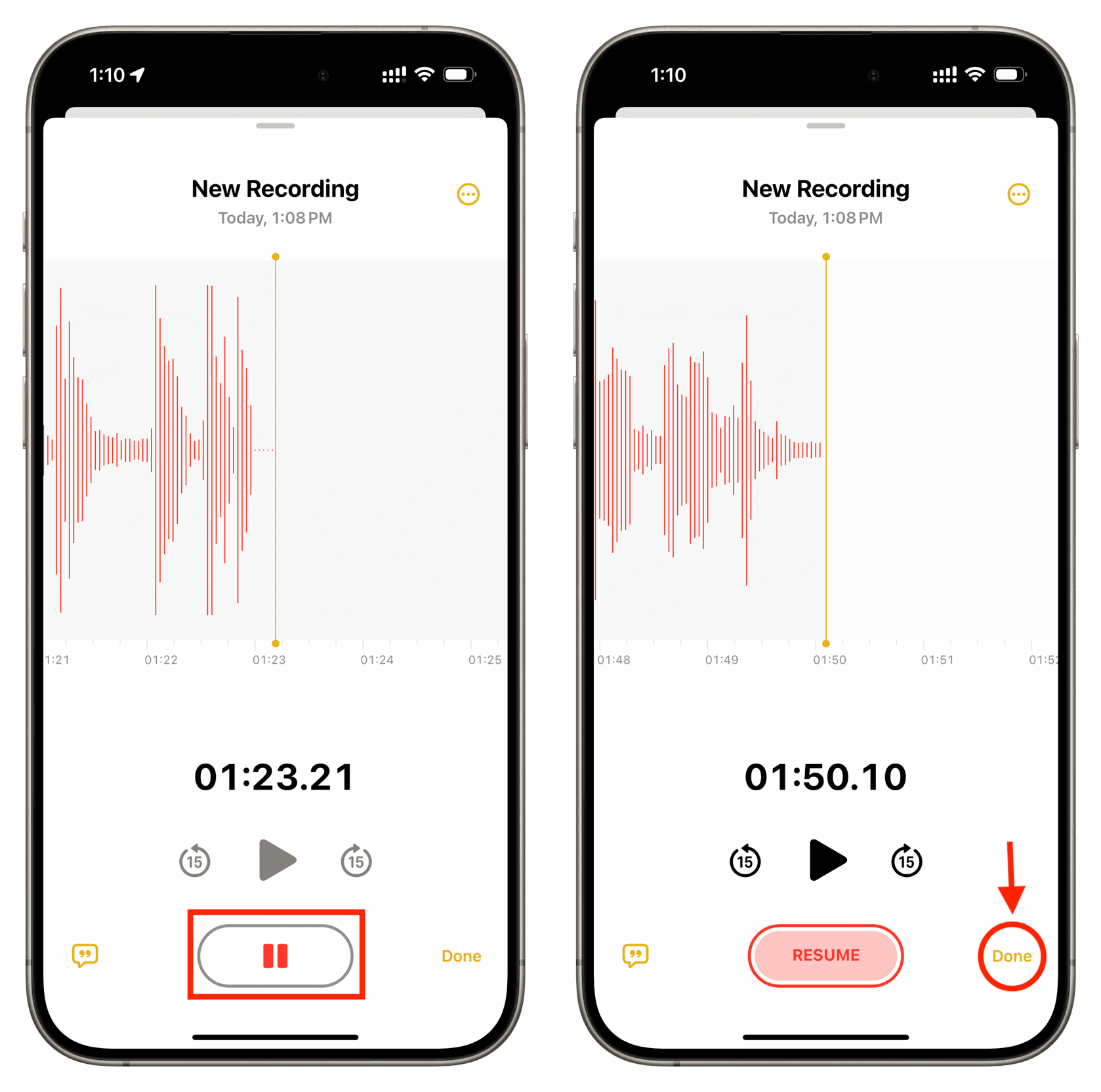 Pause and resume audio recording in Notes app on iPhone